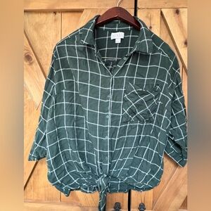 Forest green button and tie blouse